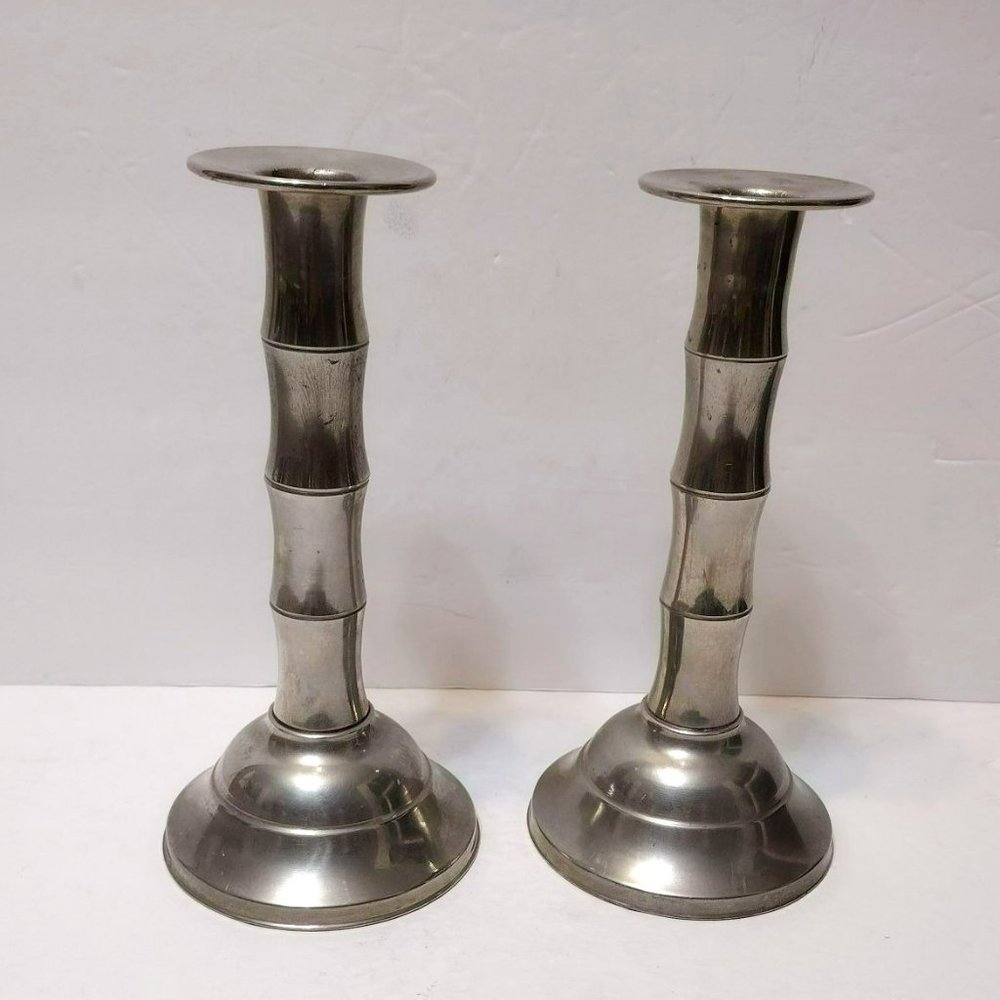 Newburyport Pewter Towle Candlesticks, 2pc, Silver Bamboo Design Candle Holders